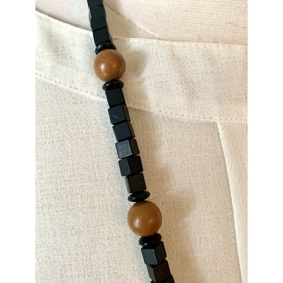 vintage Bohemian Wooden beaded Necklace Exotic Black Brown Mixed Shapes - Picture 7 of 9